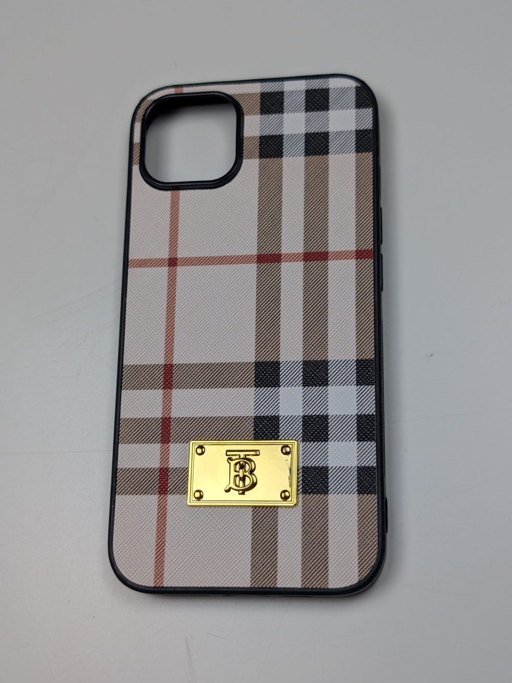 Plaid Check iPhone 13 Case Gold TB Monogram Emblem Designer Style Cover